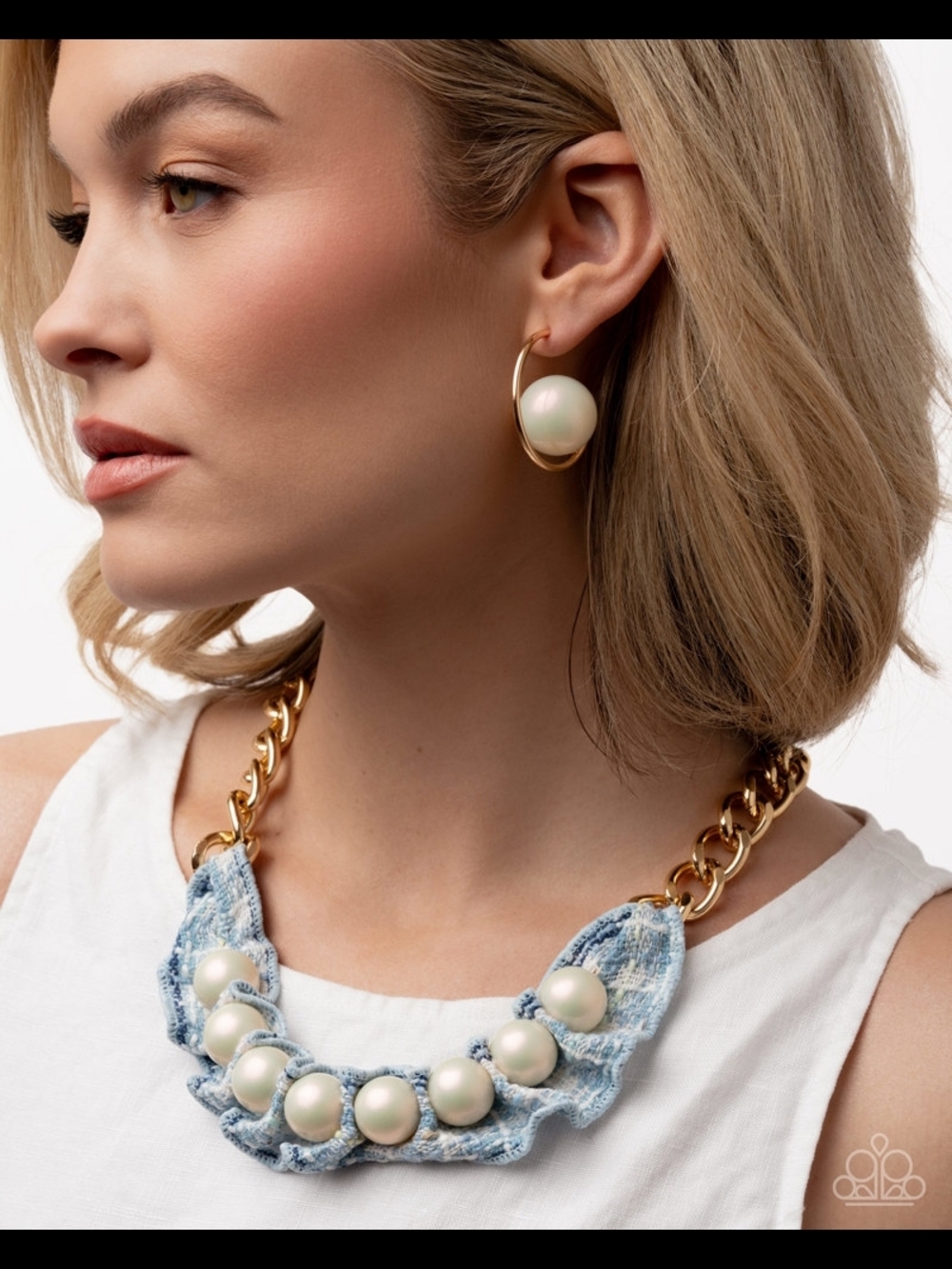 paparazzi Gold Chain Blue Denim Pearl Statement Necklace with Hoop Earrings